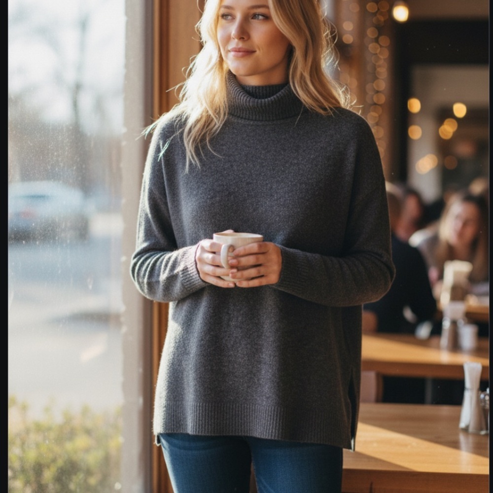 White + Warren Cashmere M/L Heather Dark Grey Oversized Turtleneck Sweater